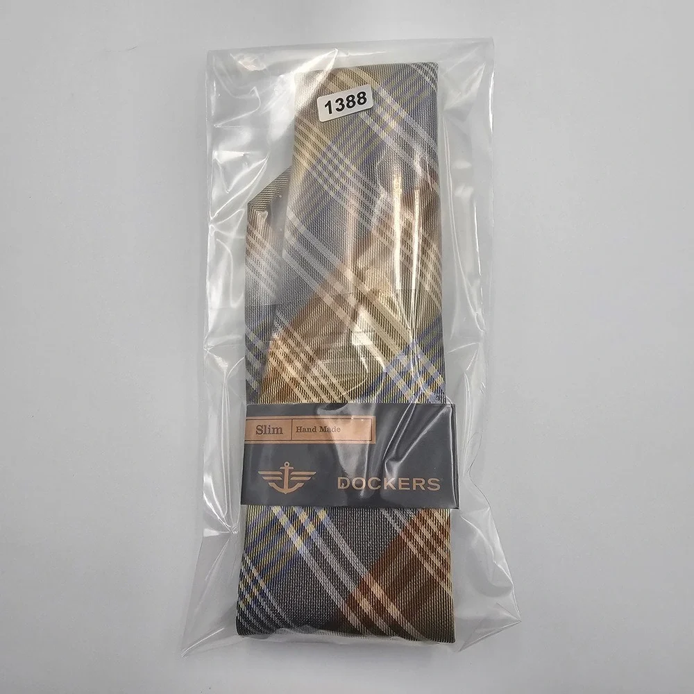 Dockers Slim Tie‎ Gold Gray Blue Plaid Tartan Silk Blend Hand Made Men's Necktie